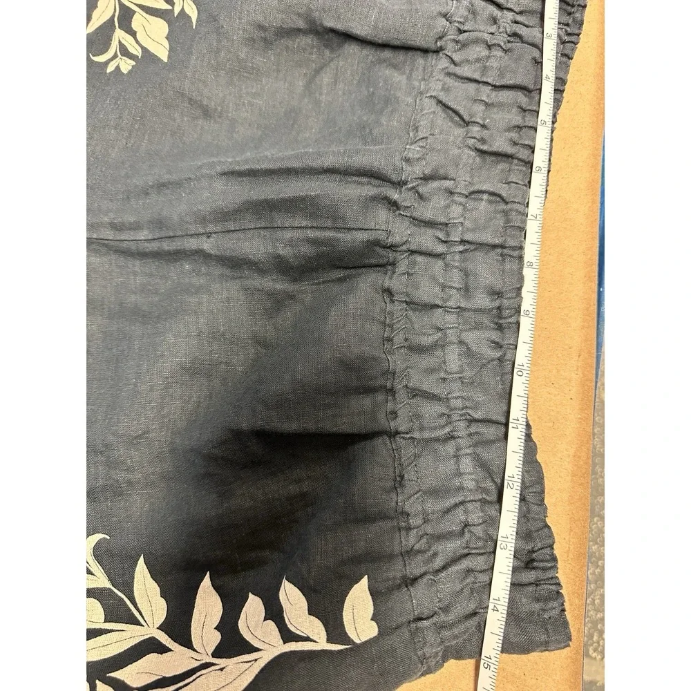Anthropologie Somerset LINEN WIDE LEG Black Floral Pull-On Pants Cropped Sz M